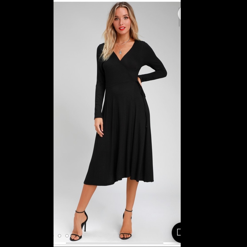 LULU’S KEIRA BLACK RIBBED LONG SLEEVE MIDI WRAP DRESS SIZE S